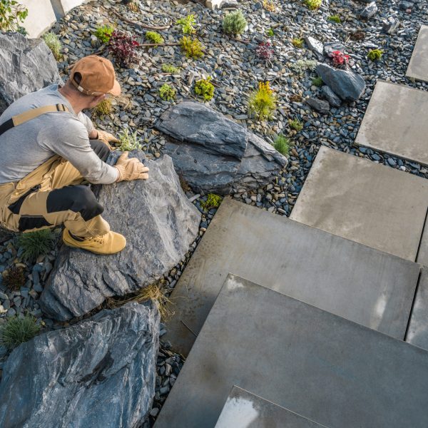 Modern Residential Backyard Garden Landscaping. Caucasian Landscaper Finishing Beautiful Rockery Garden Building Next to Concrete Path Stairs.